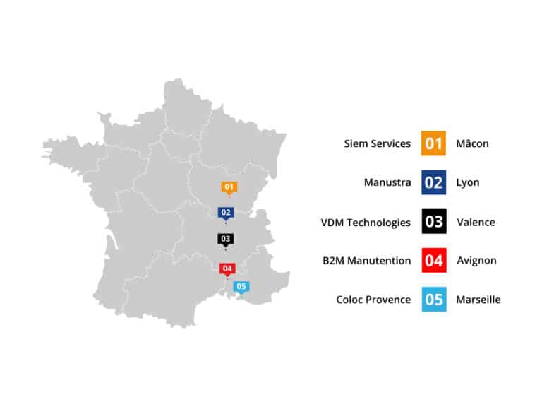Carte de France avec l'implantation des sociétés de manutention du groupe Galilé